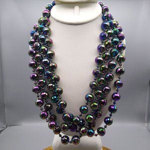 Retro Oil Slick Beads Necklace, Black Plastic Long Strand with Glossy AB Finish